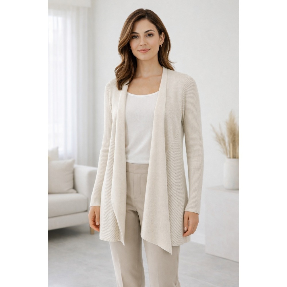 Eileen Fisher Ribbed Knit Open Front Cardigan Cream Silk Cotton XS